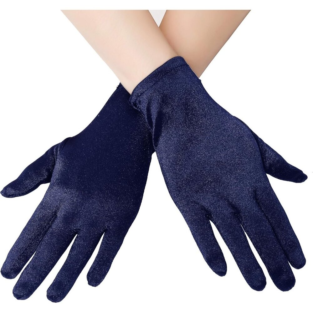 Women's 8-6 Navy Blue Elastic Short Length Satin Wrist Gloves Wedding Bride Prom